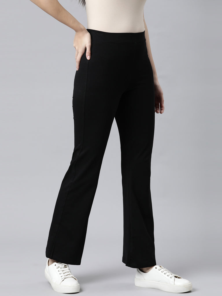 Women Solid Black High Rise Flare Pants