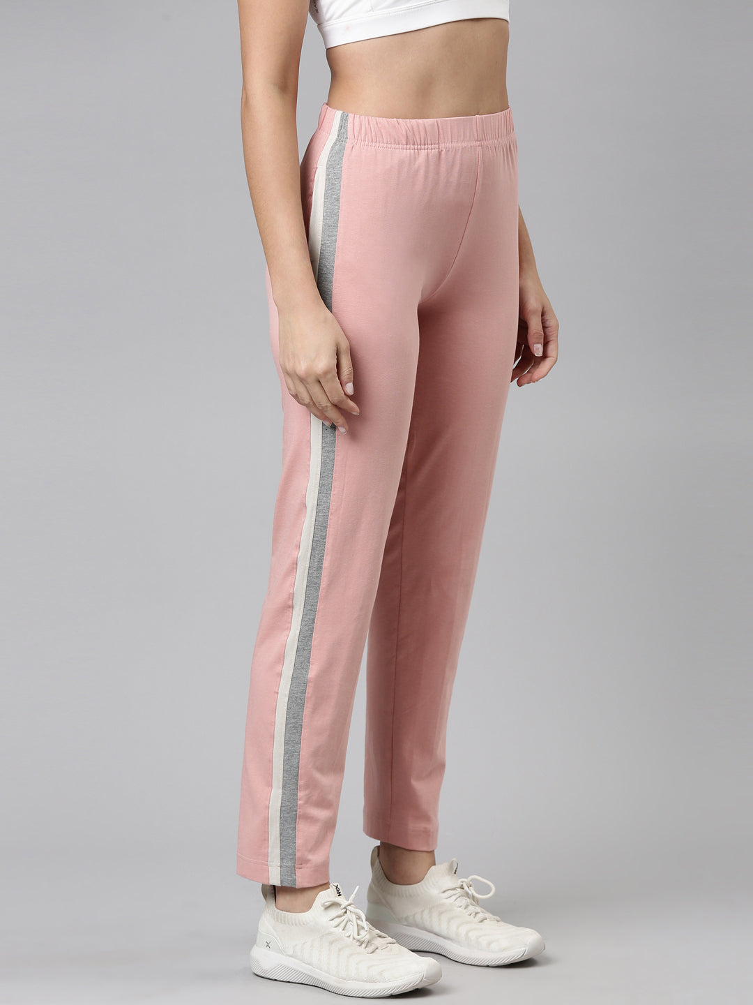 Women Solid Baby Pink Two Tone Side Stripe Trackpant