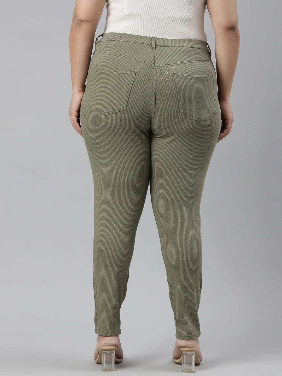 Olive Green Cotton Poly Stretch Stripes Printed Jeggings