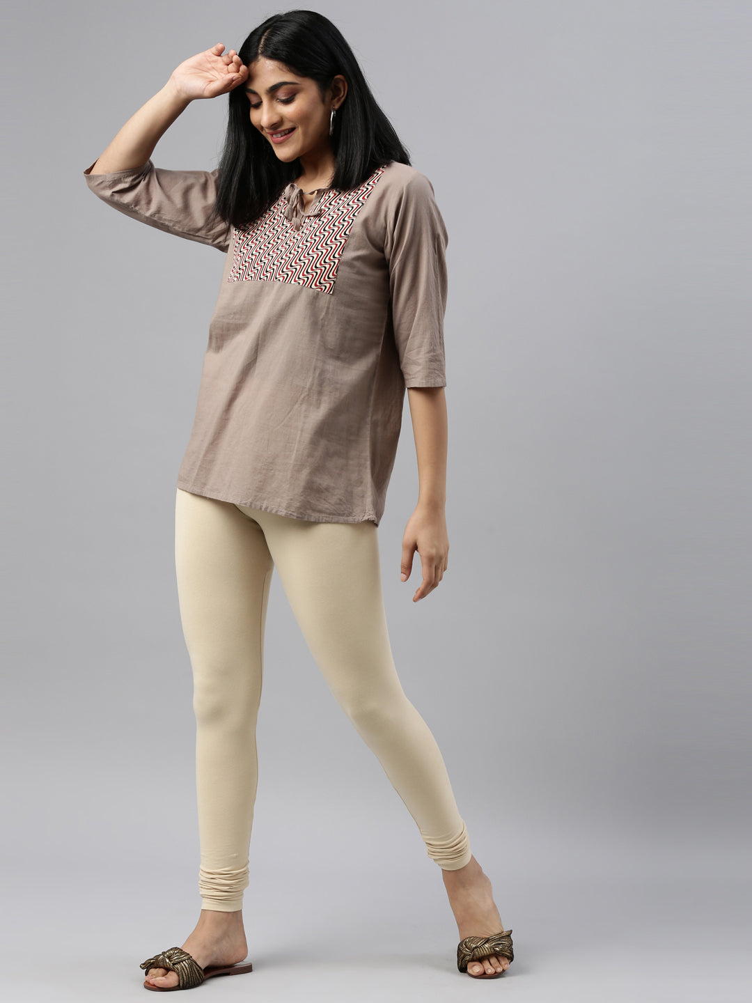Buy Go Colors Women Cream Solid Stretch Leggings Online at Best