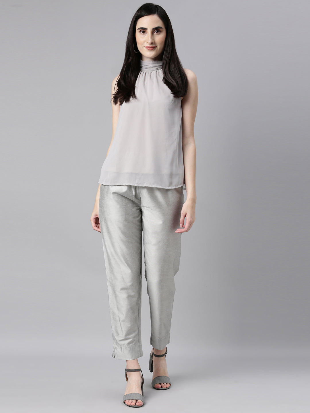 Go Colors Women Dark Solid Mid Rise Metallic Pants - White (L)