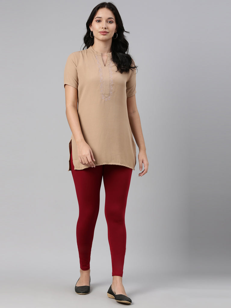 Buy Women's Solid Bright Red Slim Fit Ankle Length Leggings Online
