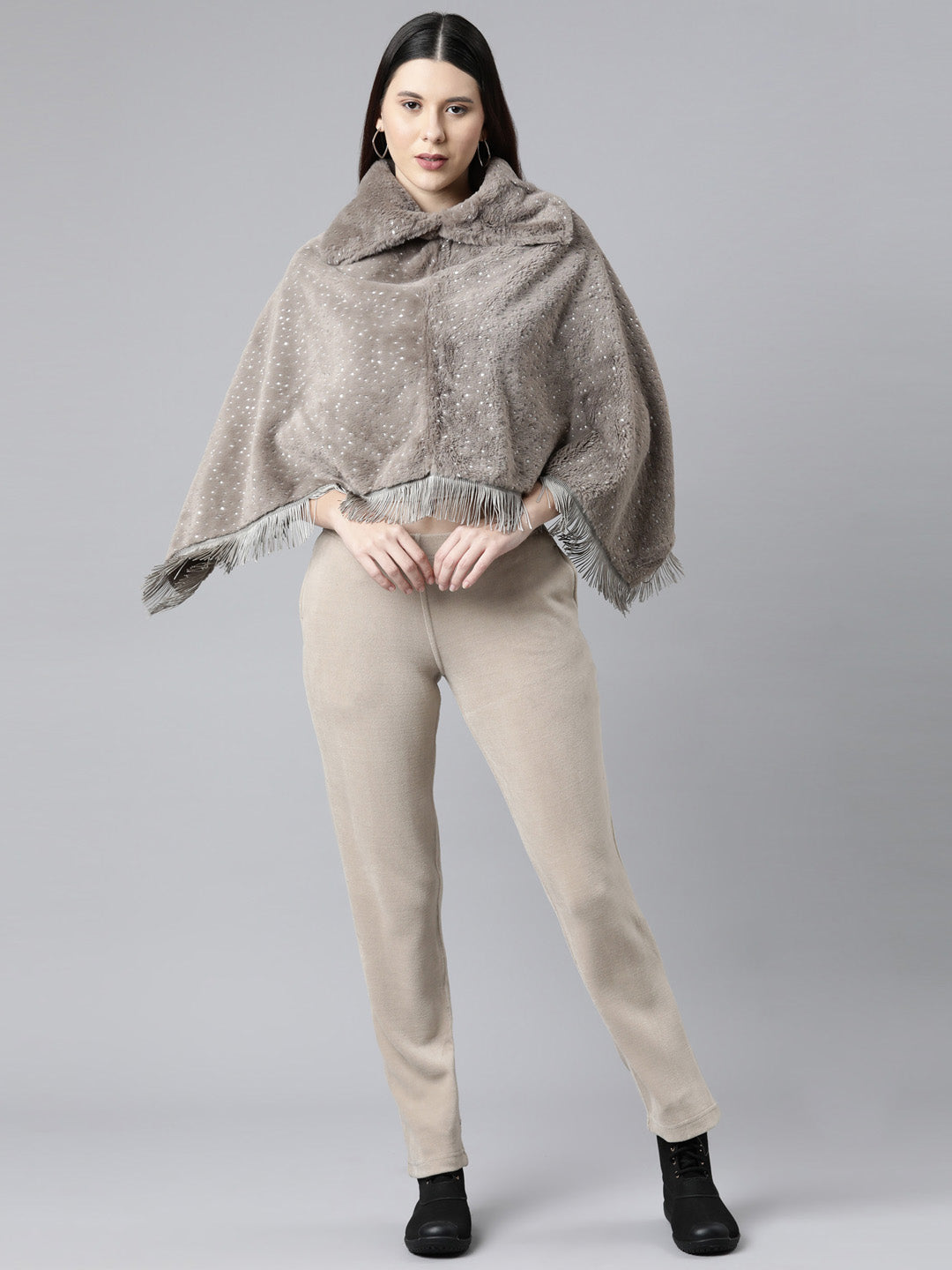 Go Colors Women Solid Silver Grey Velour Ultra Warm Pants