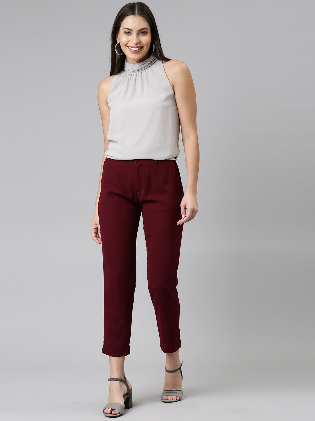Buy Online Women Maroon Cropped Trousers at best price  Plussin