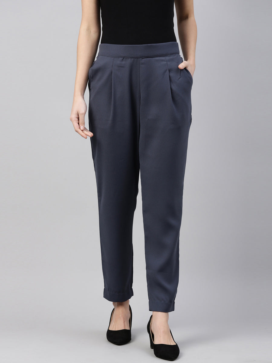 Women Solid Dark Jean Blue Formal Trouser